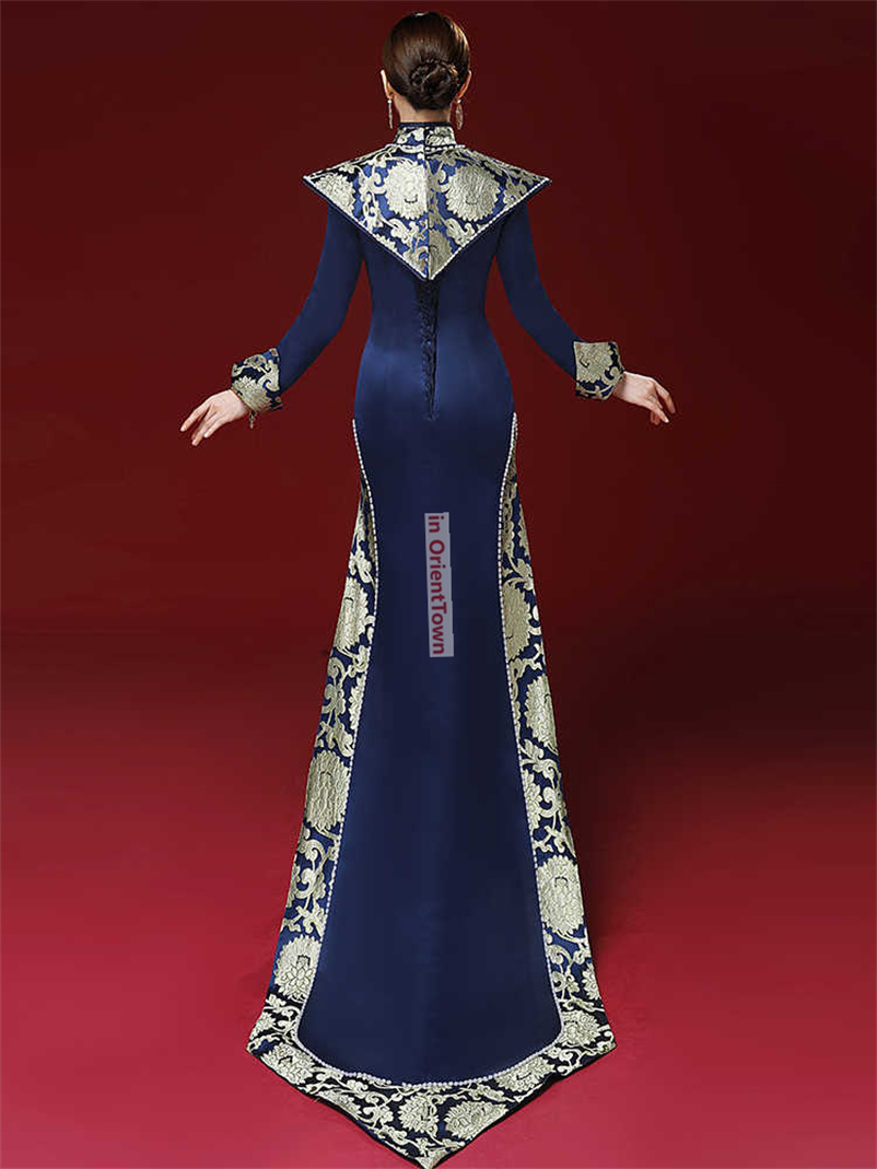 Chinese Style Model Blue Cheongsam Red Carpet Show Clothing High End Tailing Performance Costume Host Banquet Evening Dress