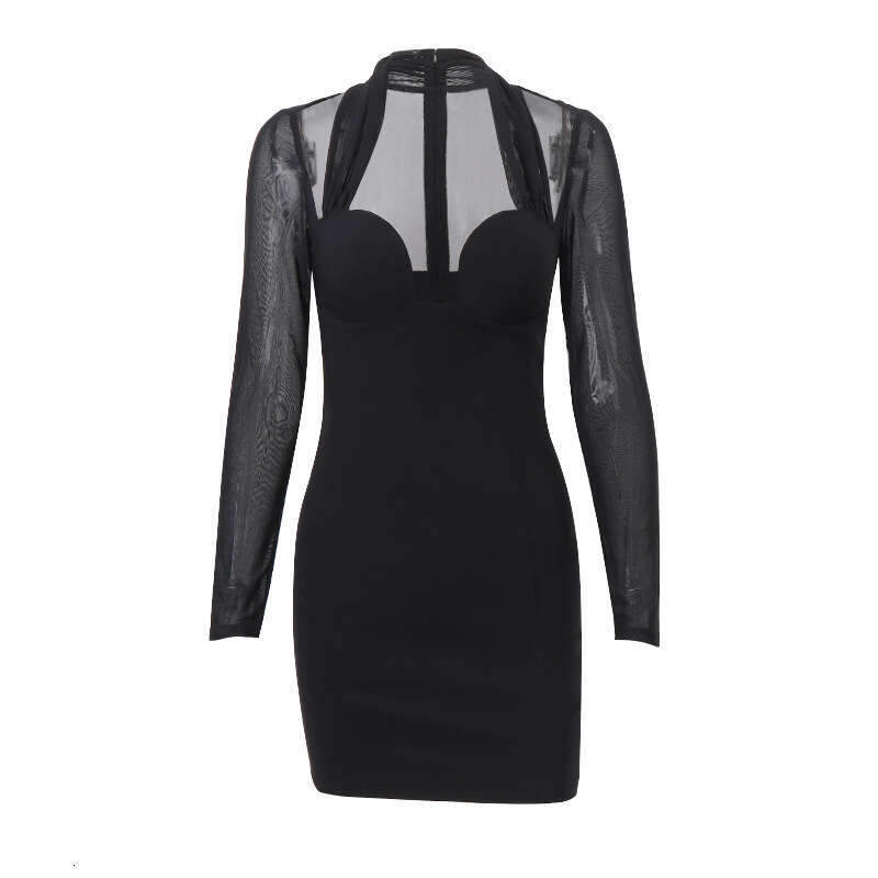 European American 2025 winter women's fashion, sexy, light mature style, high-end mesh long sleeved, chest wrapped, hip wrapped skirt, new temper