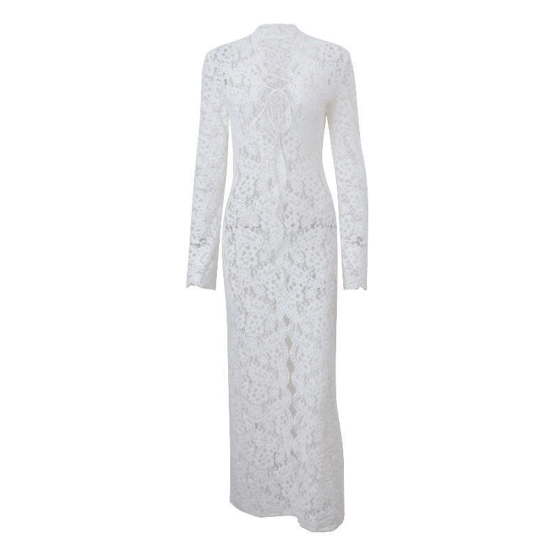 2025 early autumn sexy spicy girl lace patchwork street slit long sleeved dress new casual versatile fashion clothing