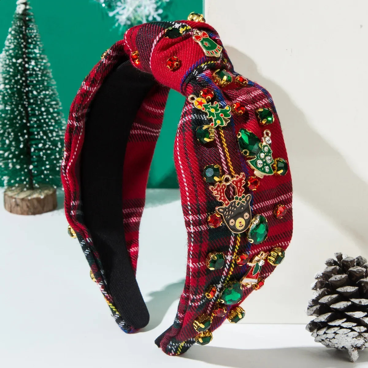 -selling Checked Fabric Knotted Headband Inlaid with Christmas Accessories Vintage Holiday Hair Accessories 250207