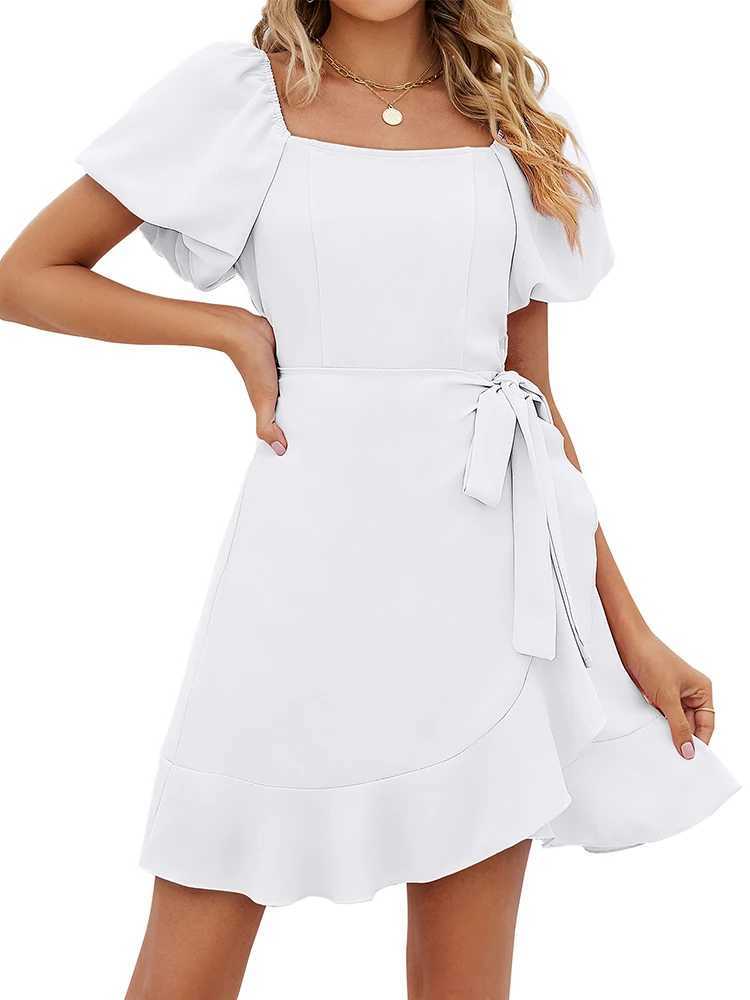 Sporty chic 2024 Womens Summer Wrap Dress Short Sve Casual Square Neck Ruffle Mini Dress Casual Loose PolyesterXJ2500207