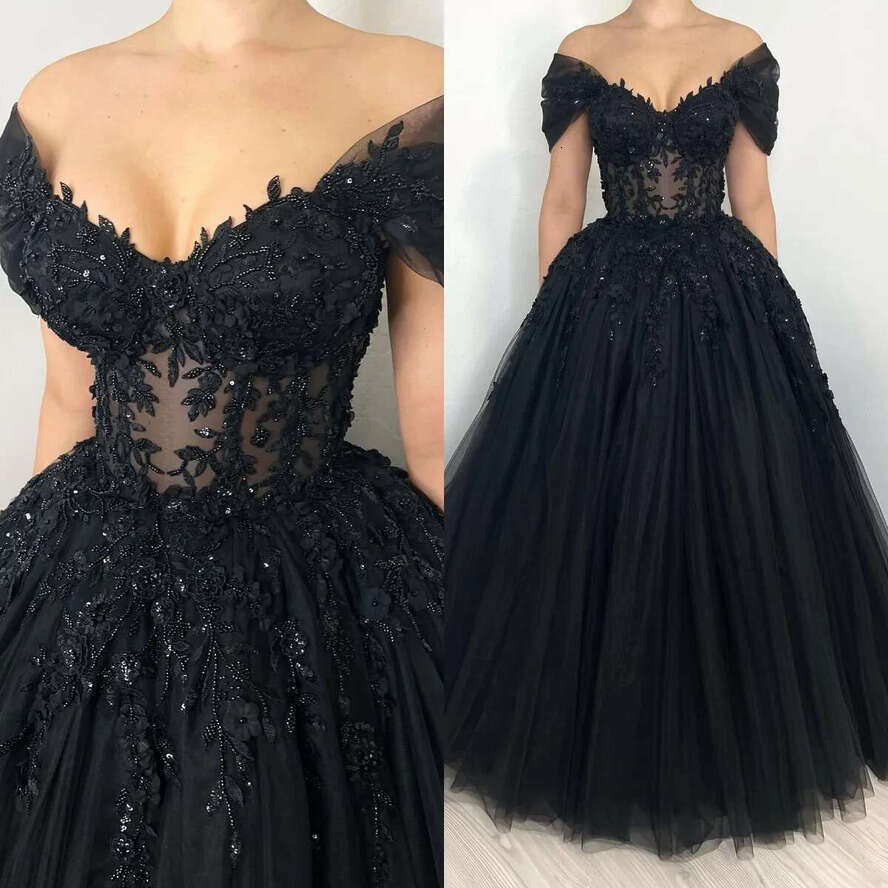 Glamorous A E Gothic Off Shoulder Wedding Dresses Bridal Gowns Beading Appliques Lace Up Back Country Black Robe Mariage
