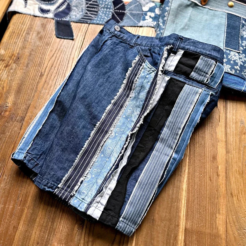 Japanese Retro Personalized Handmade Ethnic Style Patch Patchwork Summer Mens Thin Denim Shorts 250120