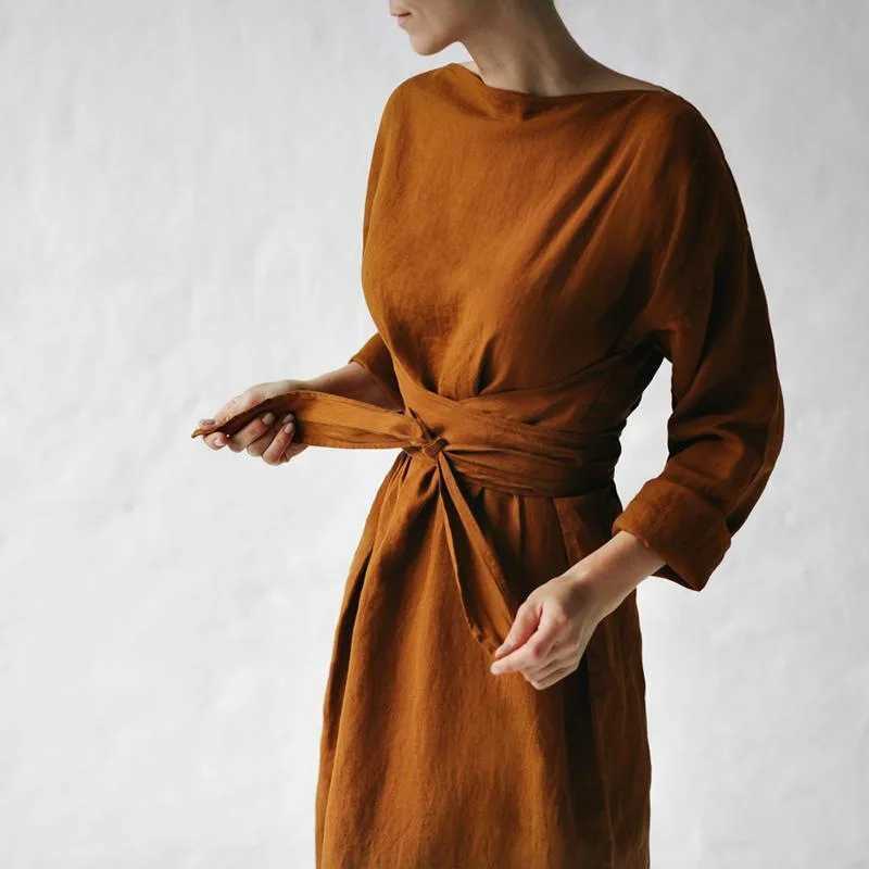 Fall Long Sve Loose Cotton Linen Dress Women 2024 Fashion Casual Solid New Lace-up Bow Maxi Dresses Ele VestidosXJ2500207
