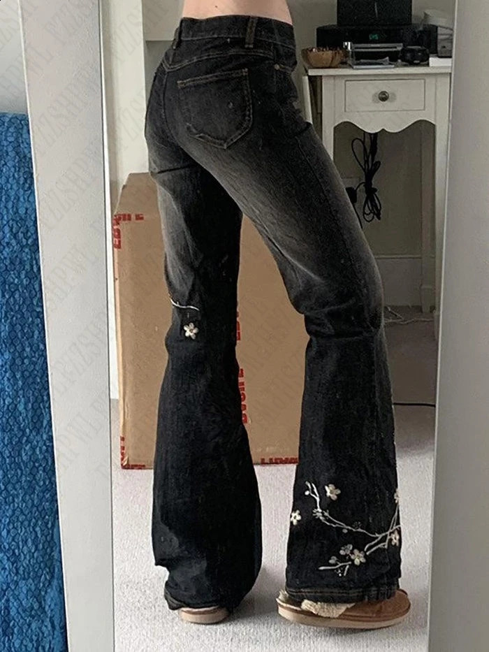 American 2000s Y2K Aesthetic Fashion Harajuku Vintage Casual Style Girl Streetwear Slim Fit Low Waist Flare Jean Trouser 250206