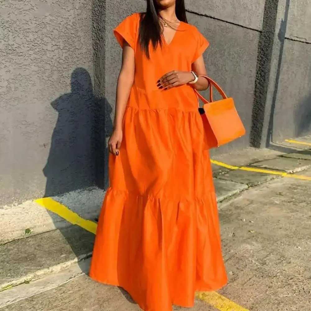 women sundress Loose V-neck Patchwork Short Sves Solid Color Beach Dress Summer Women Dress Ele Large Hem Maxi DressXJ2500207