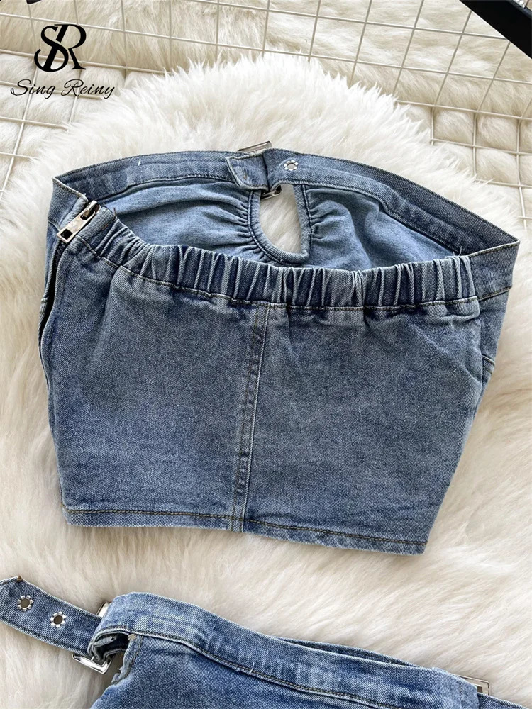 SINGREINY Vintage Women Denim Sets Strapless Sleeveless Zipper Mini Tank TopHIgh Waist Slim Skirt Fashion Streetwear Suits 250207
