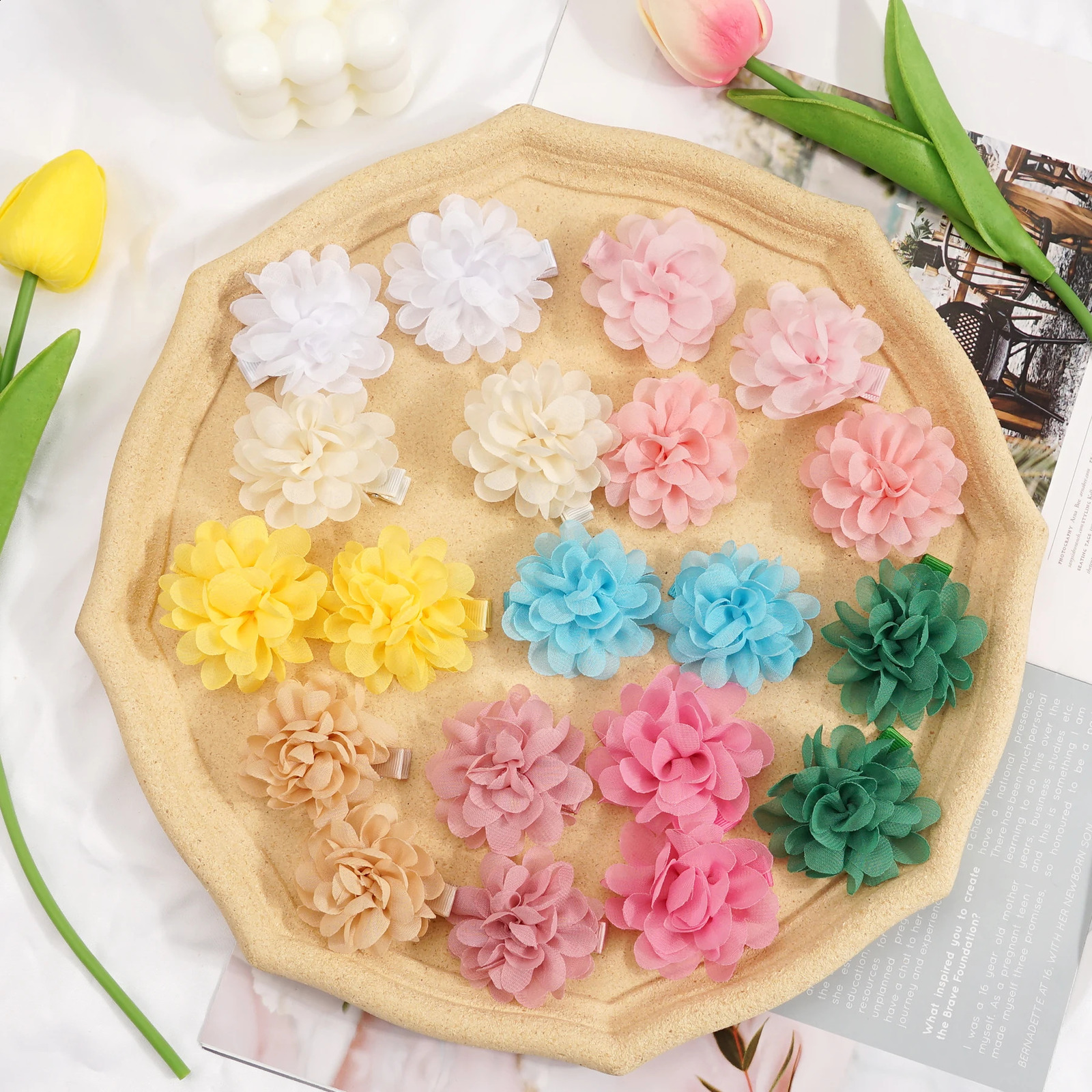 14/40PCS 2 Chiffon Flower Hair Bows Fully Lined Flower Tiny Hair Clips Fine Hair Girls for Infants Toddlers Set of 20 Pairs 250120