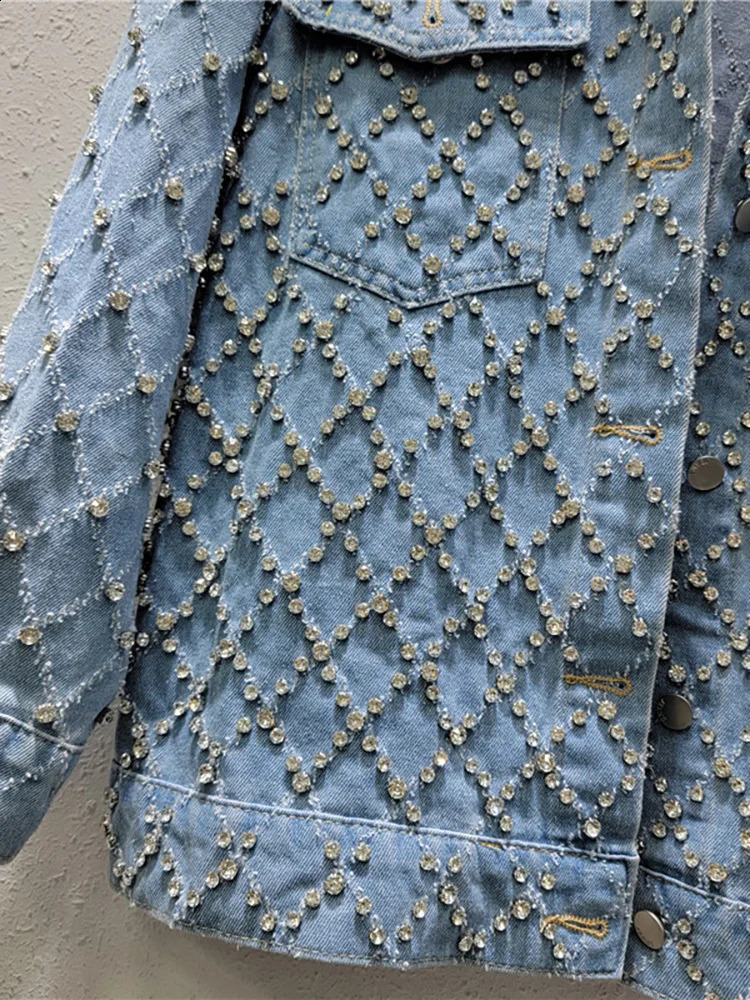 DEAT Womens Denim Coat Blue Long Sleeve Full Diamonds Distressed Jacquard Plaid Jackets 2025 Spring Fashion 29L7709 250121