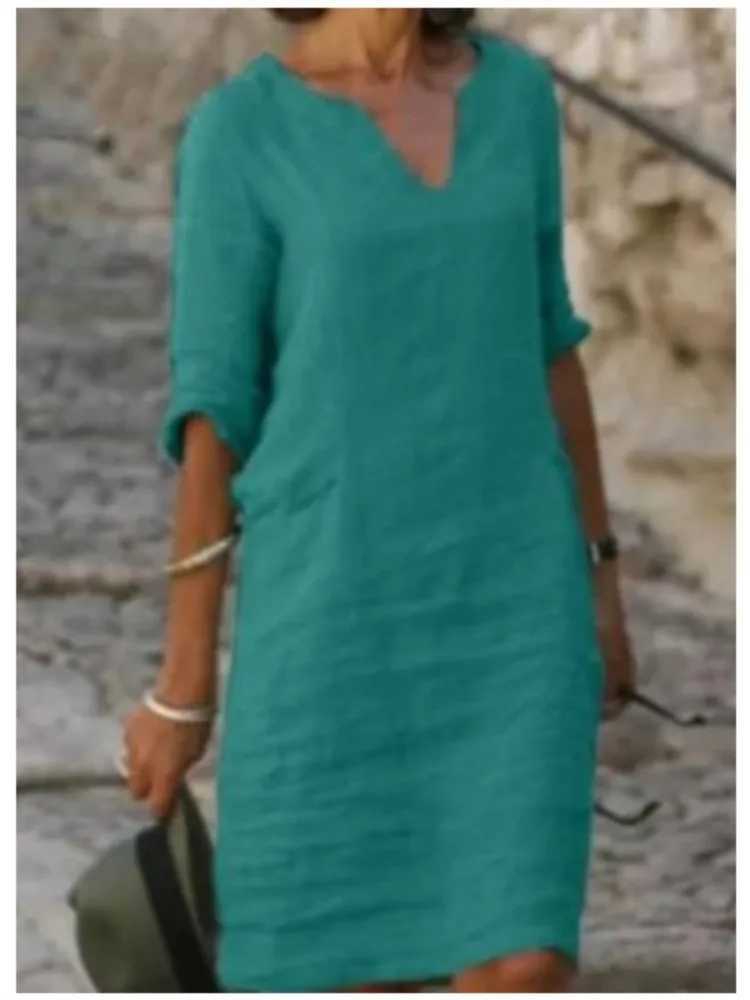 2024 Cotton Dress Womens V-Neck Half Sve Solid Loose Dresses Fe Summer Fashion Office Casual Ladies Clothes WholesaleXJ2500207