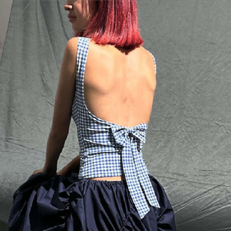 Ins European American 2025 Summer Spicy Girl Thousand Bird Grid Bow Strap Slimming Tank Top Women's New Style Unique and Elegant Clothing