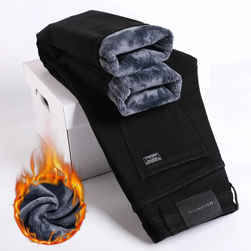 Winter Fleece Thick Warm Jeans Mens Slim Straight Elastic Denim Pants Casual Male Clothing Fashion Plush Trousers 250207
