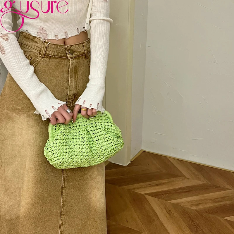 Gusure Summer Shoulder Crossbody Bag Straw Weaving Clutch Purse Women Dumpling Crossbody Beach Bag Fashon Cloud Pouch 250207