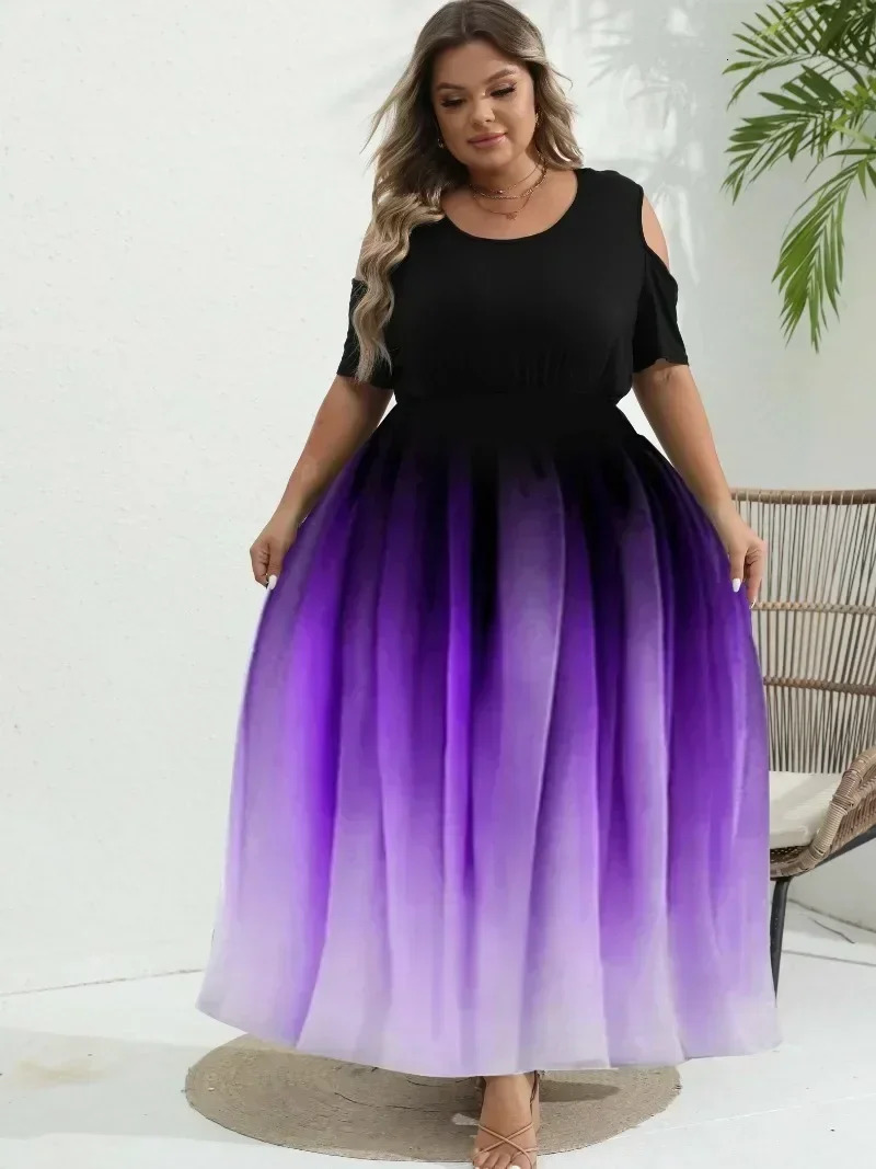 Women Plus Size 1XL-8XL Dress Gradient Print Off Shoulder Dress Tight Top and Loose Bottom Elegant Short Sleeve Long Ball Dress 250207