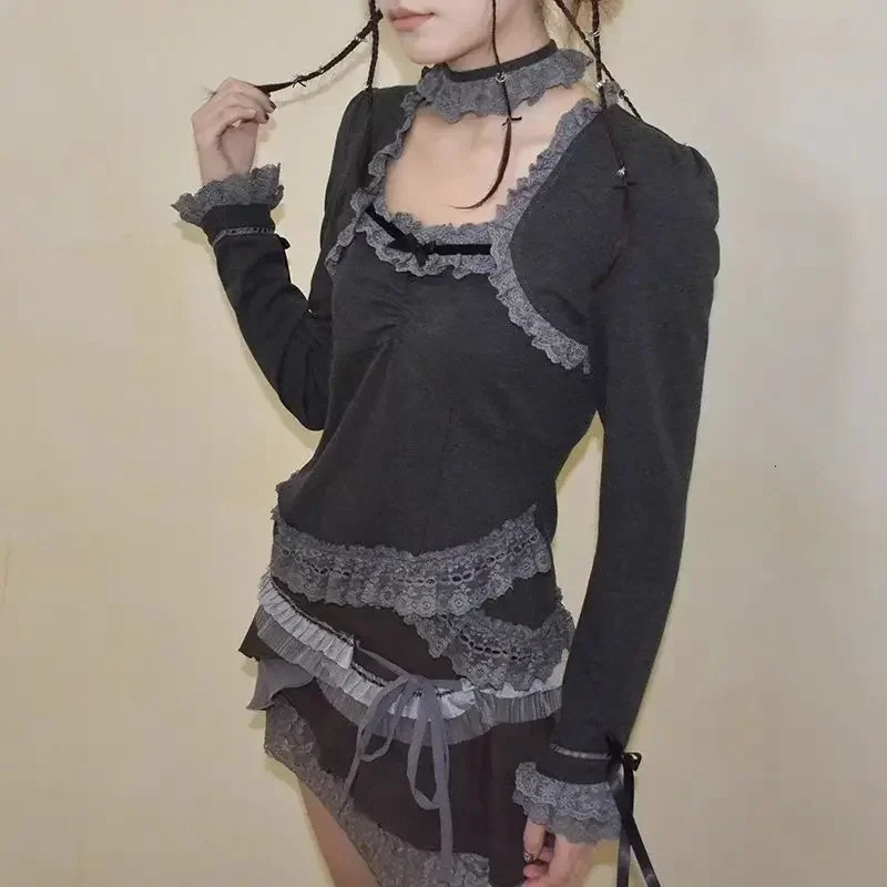 Autumn Long Sleeve Square Collar Patchwork Lace tie Tunic Tees Irregular Vintage T-shirt Y2k Tops for Women Ropa Mujer 250206