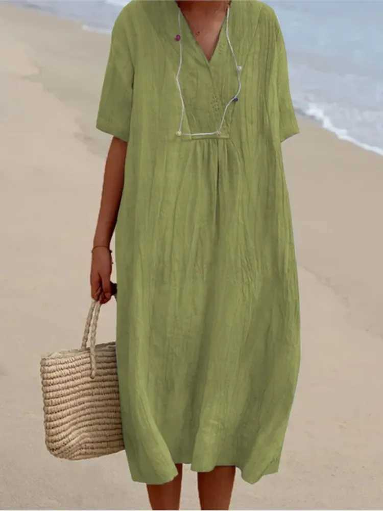 Summer Solid Color Cotton And Linen Dress Women Fashion Short Sve V Neck Loose Midi Dress Casual Holiday Beach Dresses FeXJ2500207