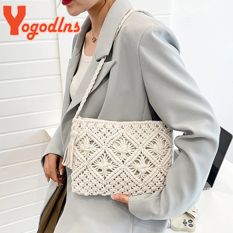 Summer Hollow Straw Bag For Women Tassel Decors Shoulder Messenger Bag Travel Beach Bag Daily Cotton Rope Crossbody Bag 250120