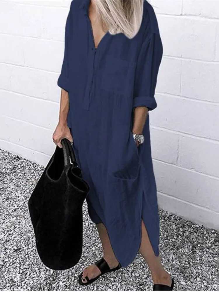 Spring Summer Womens Solid Color Loose Split Shirt Midi Dress Ele Casual Button Pocket V-Neck Long Sve Long Dress 2024XJ2500207