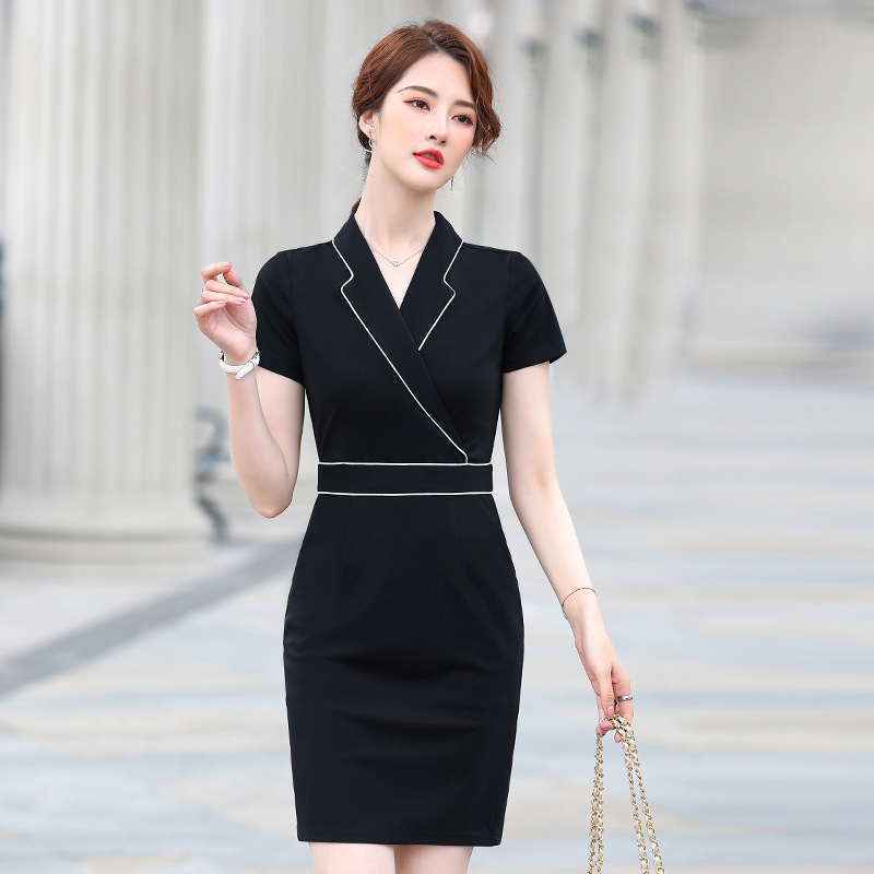 LO3185 Short skirt black V-neck dress female temperament commuting hip waist bottoming skirt jewelry store work clothes