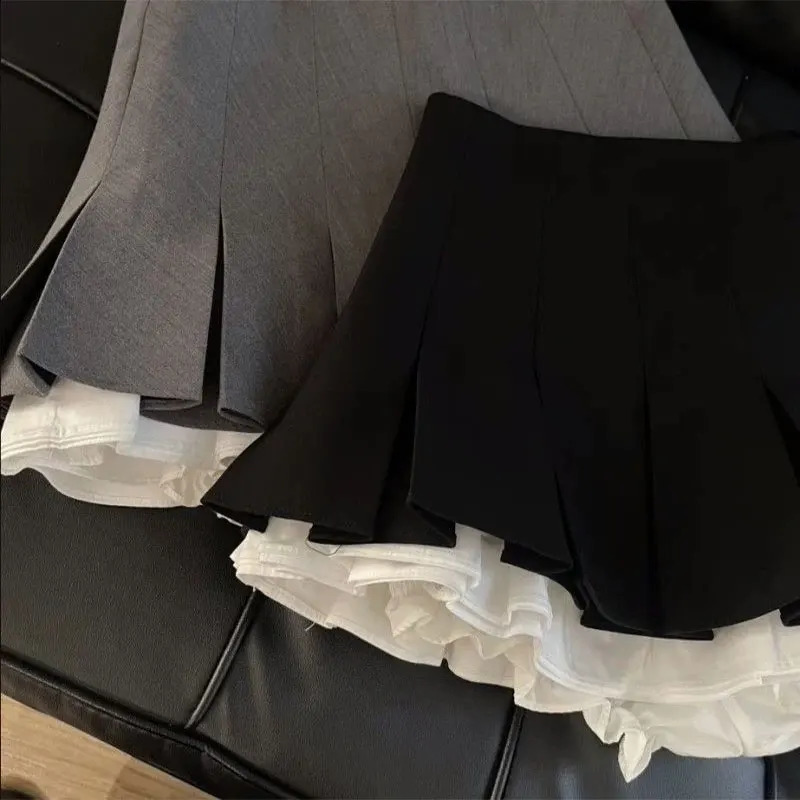 Mooyufon Ruffles Black Mini Skirt Women Korean Patchwork Pleated Skirts Japanese Kawaii High Waist All Match A Line Skirt 250206
