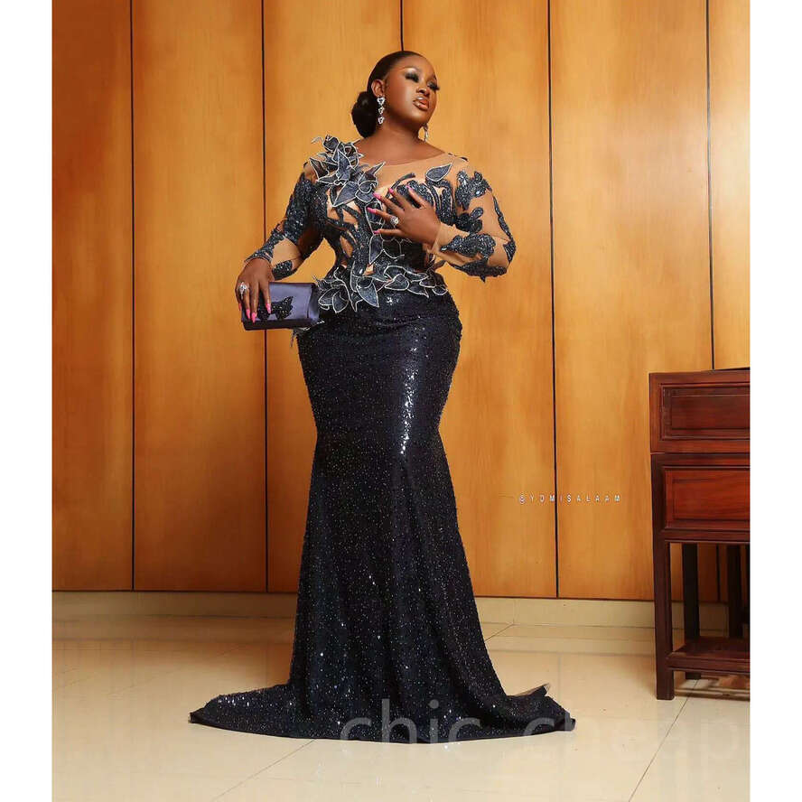 Aso African Ebi Black Mermaid Illusion Prom Dress Sequined Dresses For Special Ocns Ral Lace Evening Formal Party Birthday Second Engagement Gowns