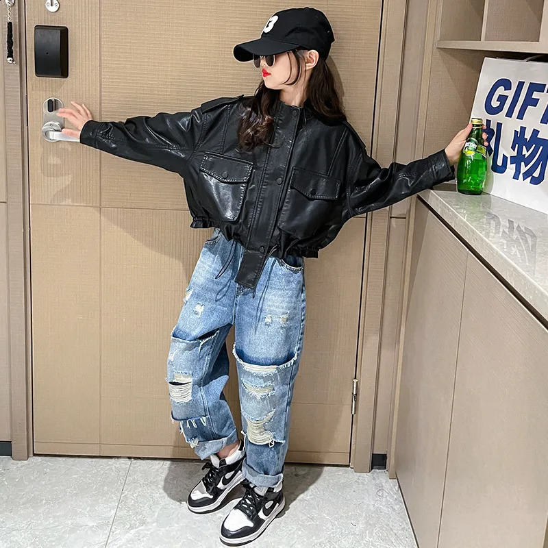 Girls Leather Jacket Autumn Trendy Cool Teenage Kids PU Outerwear Black Casual All-match Streetwear Kids Coats 10 12 13 14 Years 250206