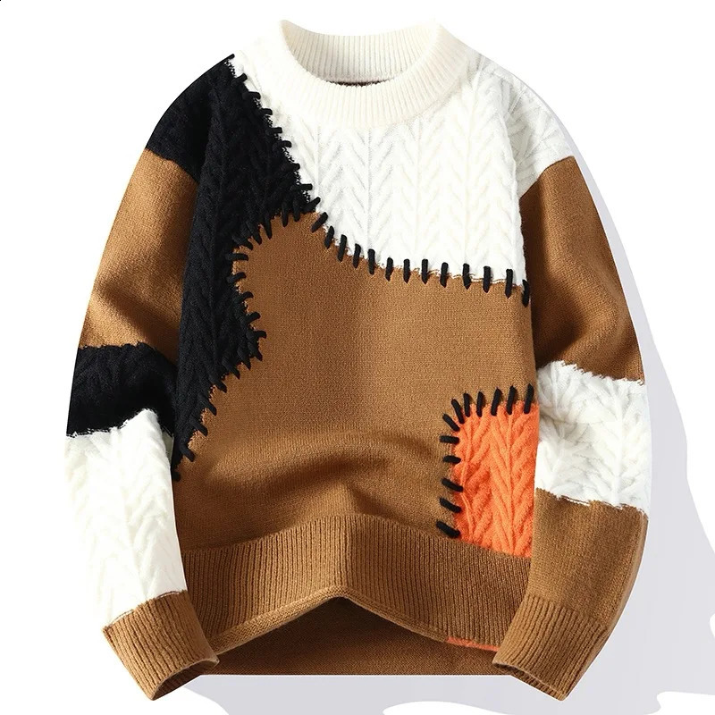 Winter Fashion Sweater Men Patchwork Casual Knit Pullovers Mens Thick Warm Harajuku Loose Knitted Sweaters O-Neck Streetwear Man 250206