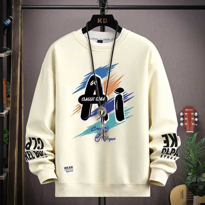 Autumn Mens Sweatshirt Trendy Printed Long Sleeve T-shirt Fashion Mens Clothing Khaki O Neck Harajuku Exclusive Design Top New W250207