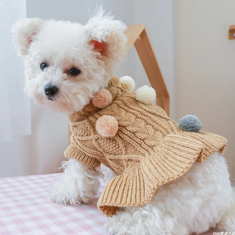 1PC Pet Apparel Dog Autumn and Winter Thickened Warm Pink Coffee Ball Knit Pullover Sweater Dress For Small Medium Dogs 250206