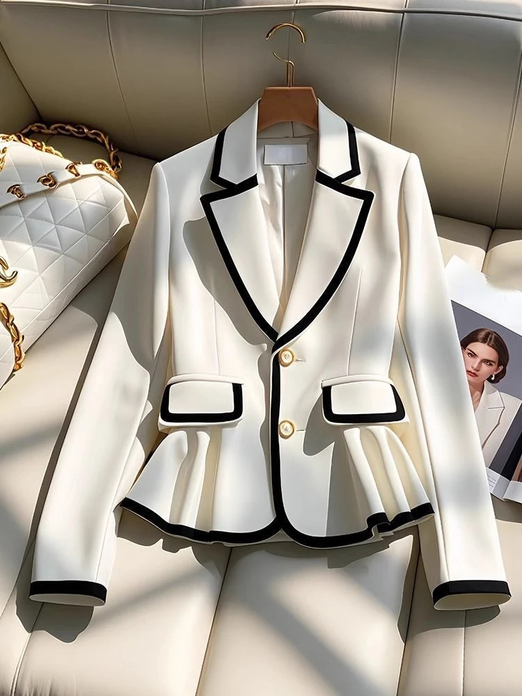 French Elegant Blazers Notched Collar Long Sleeve Ruffles Contrast Color Coats Spring Autumn Female Slim n Womens Clothing 250120