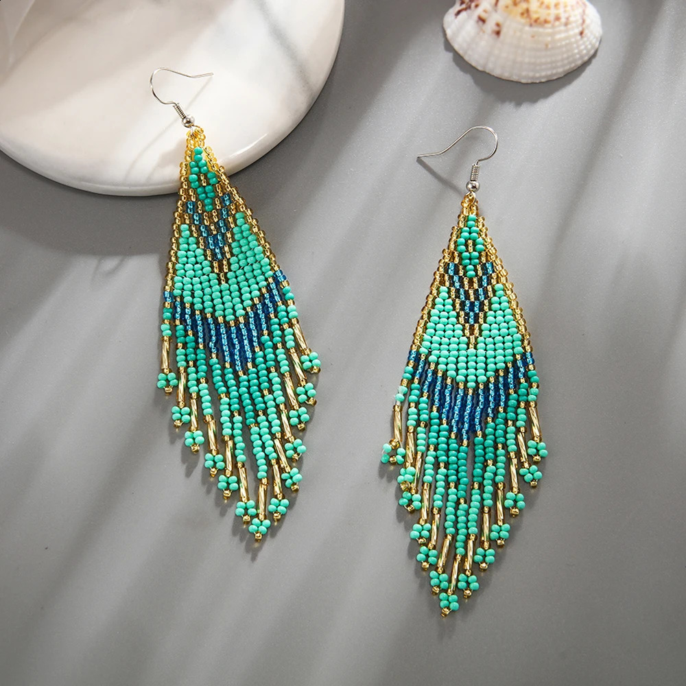 Europe and America Bohemia Womens Jewelry Accessories Geometric Colorful Handmade Beads Long Tassel Beaded Weave Boho Earrings 250115