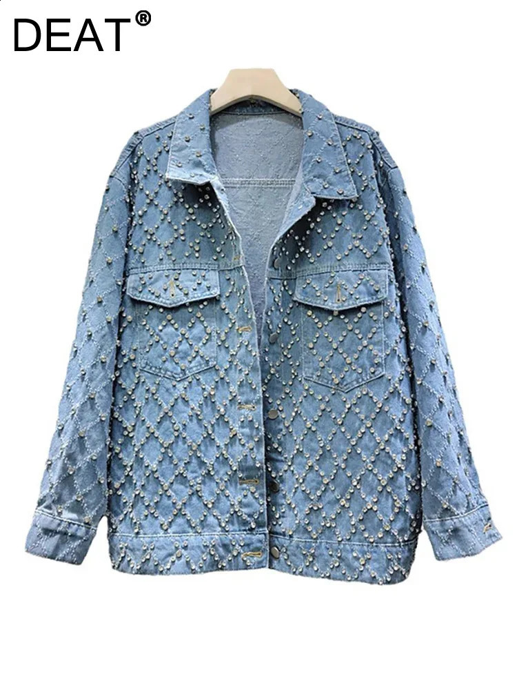 DEAT Womens Denim Coat Blue Long Sleeve Full Diamonds Distressed Jacquard Plaid Jackets 2025 Spring Fashion 29L7709 250121