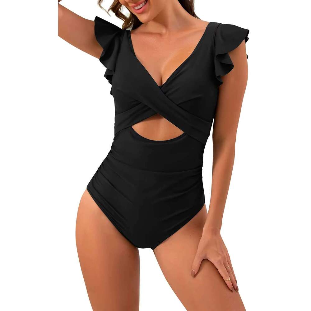 New one-piece slim solid color printed cross hollow ruffle swimsuit for women