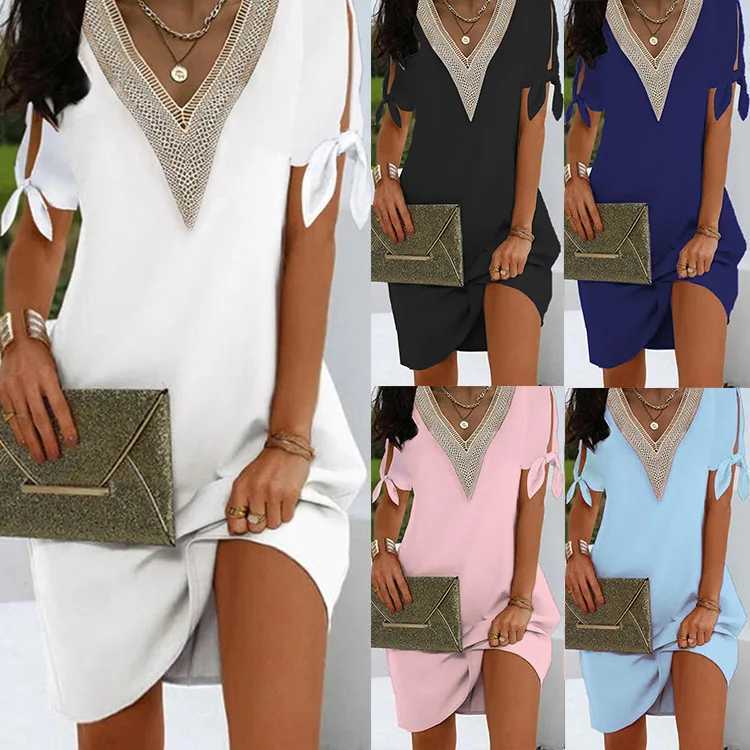 Ele Dresses For Women V Neck Off Shoulder Patchwork Design Casual Office Lady Mini Dress White Loose Beach Holiday Dress y2kXJ2500207