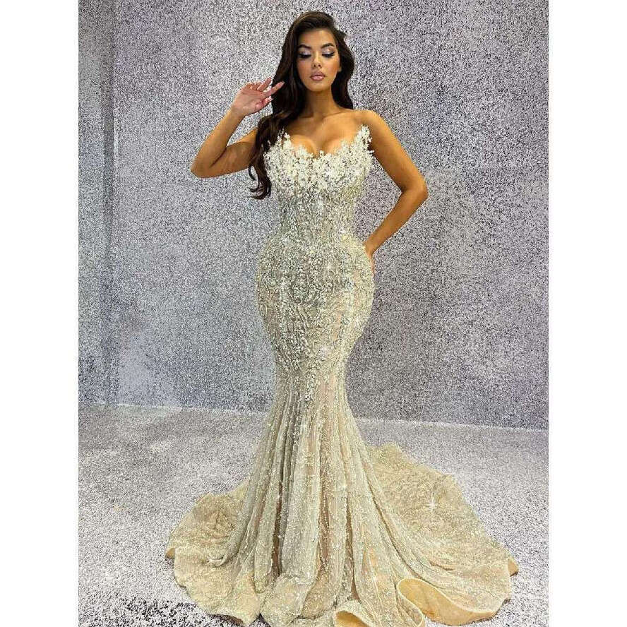 Evening Mermaid Sleeveless V Neck Strapless Sequins Beaded Appliques D Lace Dias Prom Dresses Custom Made