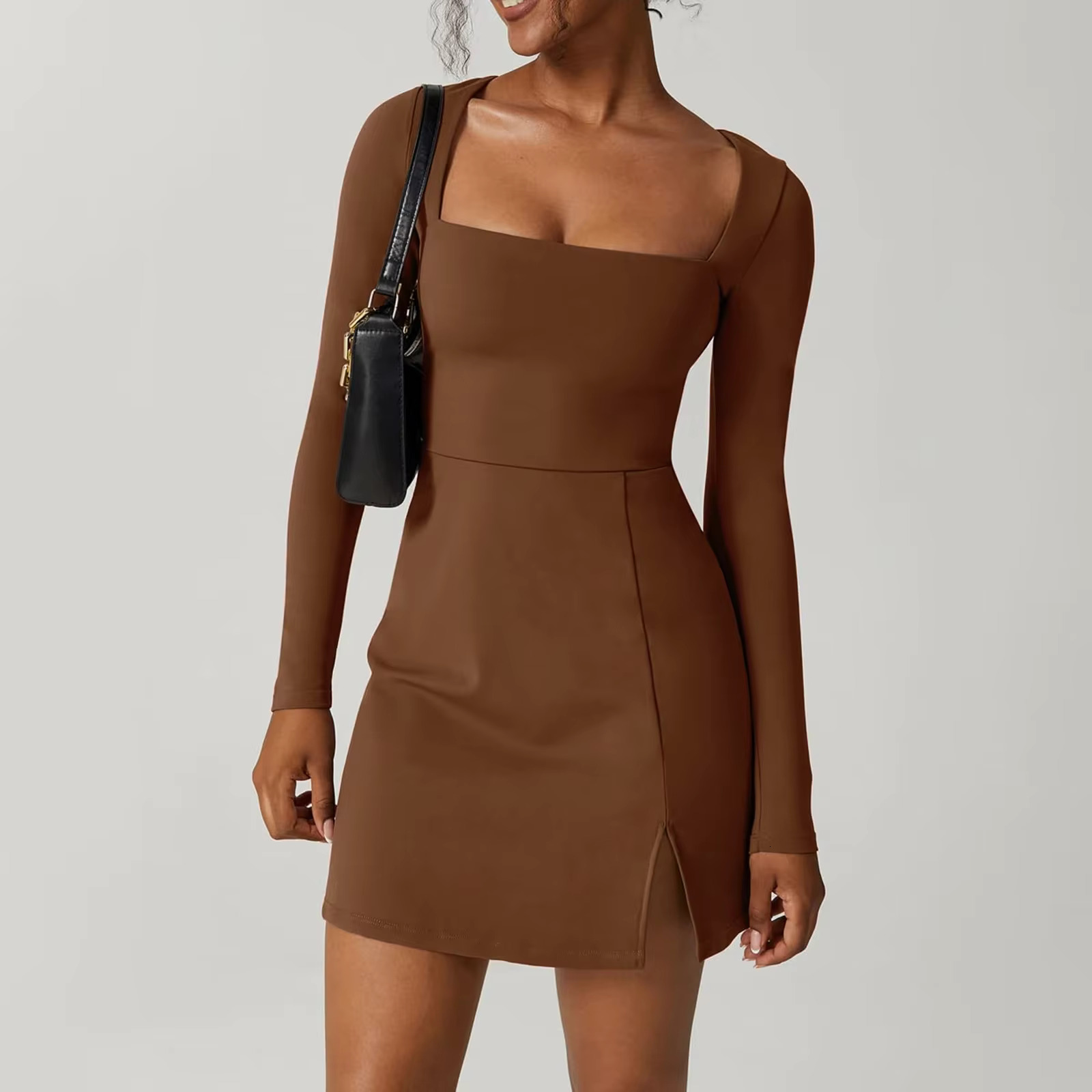 Combhasaki Women Spring Summer Solid Color Casual Basic Long Sleeve Square Neck High Split Hem Party Short Mini A-E Dress
