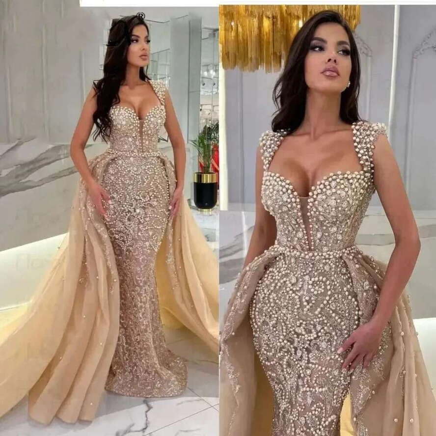 Elegant Champagne Evening With Detachable Train Pearls Tulle Mermaid Gown Prom Dresses Custom
