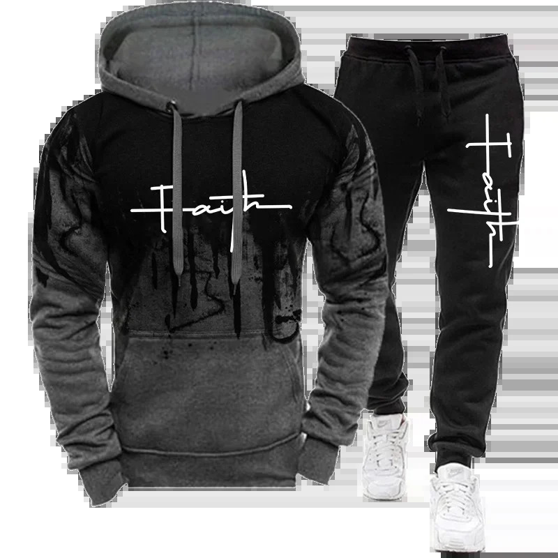 Fashion Faith Print autumn mens casual track suit sports shirt and pants twopiece set Plus size customization 250207