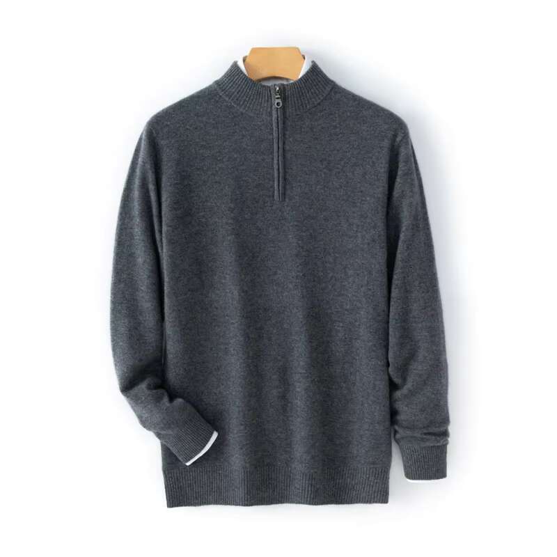 Men's Winter Medium Thick High Collar Half Zipper Classic Loose Sweater 100% Cashmere Knitted Top