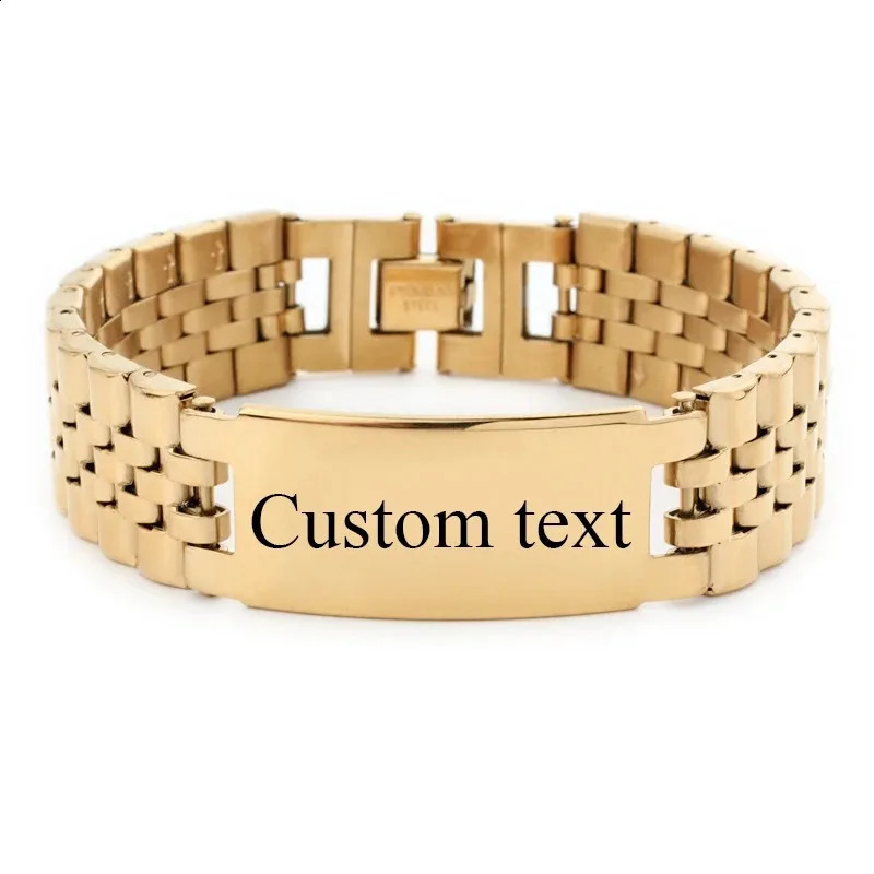 Personalized Custom Name Stainless Steel Bracelet Men watch band Black Engrave Text Id Bracelets Gift Jewelry 250206