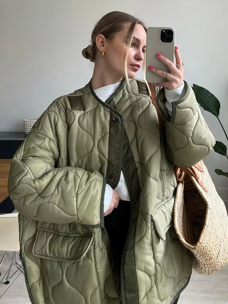 Loose Women's Cotton Coat Green O-Neck Irregular Stripe Long Sleeve Single Breasted Female Overcoat Winter Fashion Lady Jacket