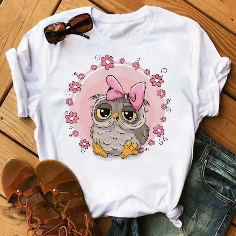 Cartoon Owl Graphic Print Women Men Fashion Vintage Haruku Short Sleeve Crew Neck Plus Size T Shirt Unisex