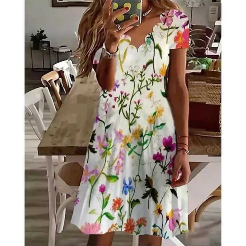 Summer New Womens Digital Printed V-neck Short Sved Dress 2024 Ladies Floral Print Knee-Length Pullover Dresses Femme RobeXJ2500207