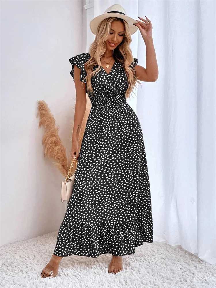 Msfilia V-neck Lotus Le Edge Ele Dress Women Spring Summer Printed Long DressXJ2500207