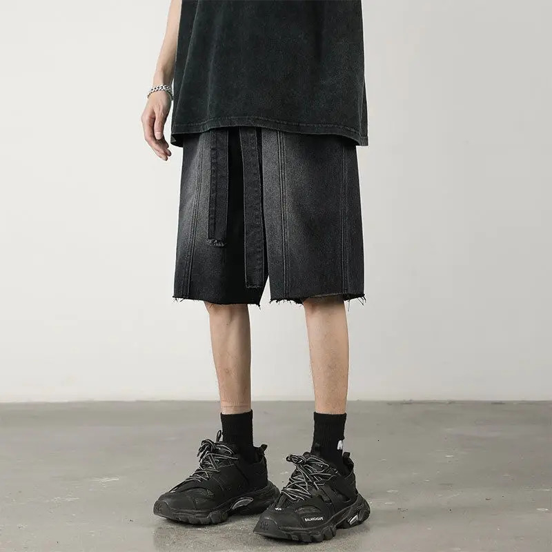 Summer Men Distress Vintage Cargo Denim Shorts Harajuku Streetwear Fashion Straight Baggy Casual Knee Length Short Jeans 250207
