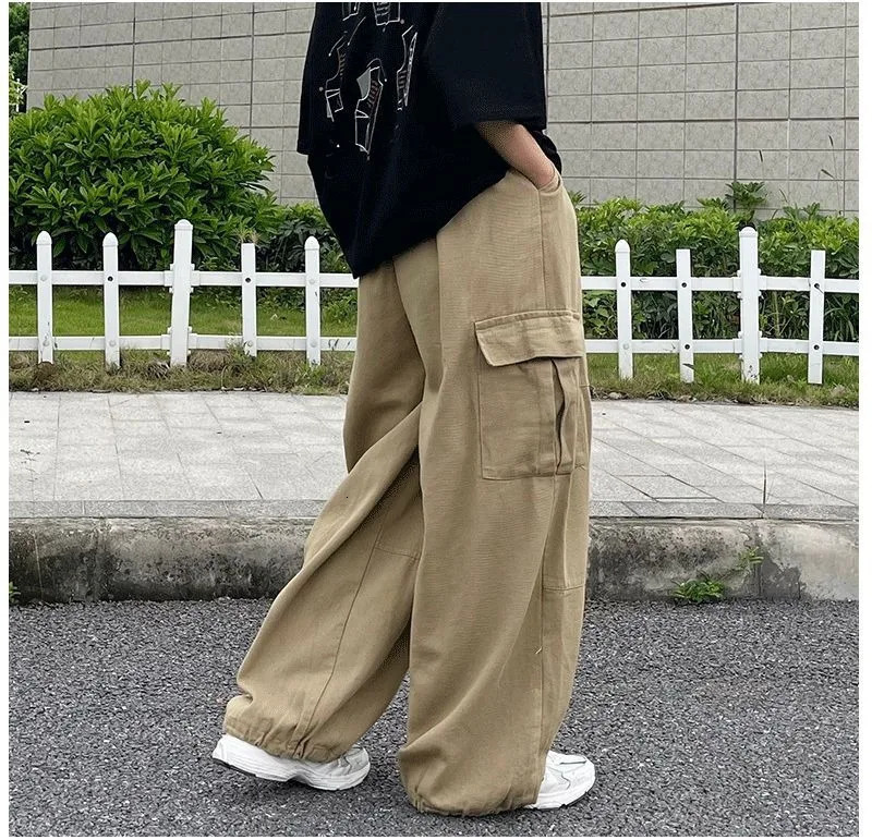 Loose Fashionable Mens Clothing Elastic Pockets Spring Autumn Trousers Cargo Wide Leg Solid Color High Waisted Cropped Pants 250206