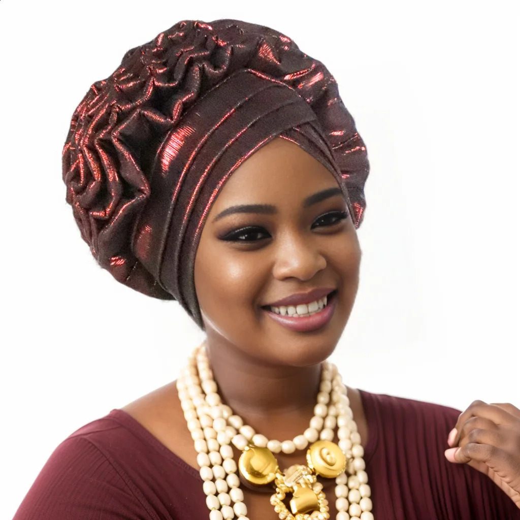 Fashion Women Elastic Ruffle African Turban Cap Lady Head Wraps Nigeria Wedding Auto Gele Headtie Party Headgear Headwear Hat 250207