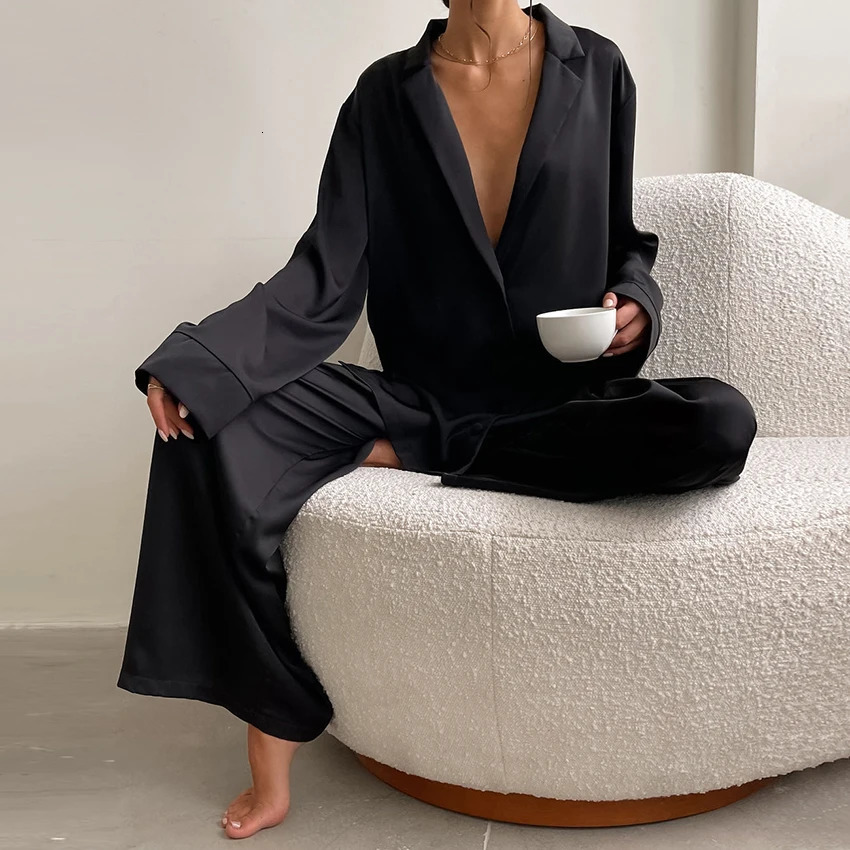 Hiloc Oversized Satin Silk Sleepwear Low Cut Sexy Pajamas For Women Single-Breasted Long Sleeves Wide Leg Pants Trouser Suits 250207