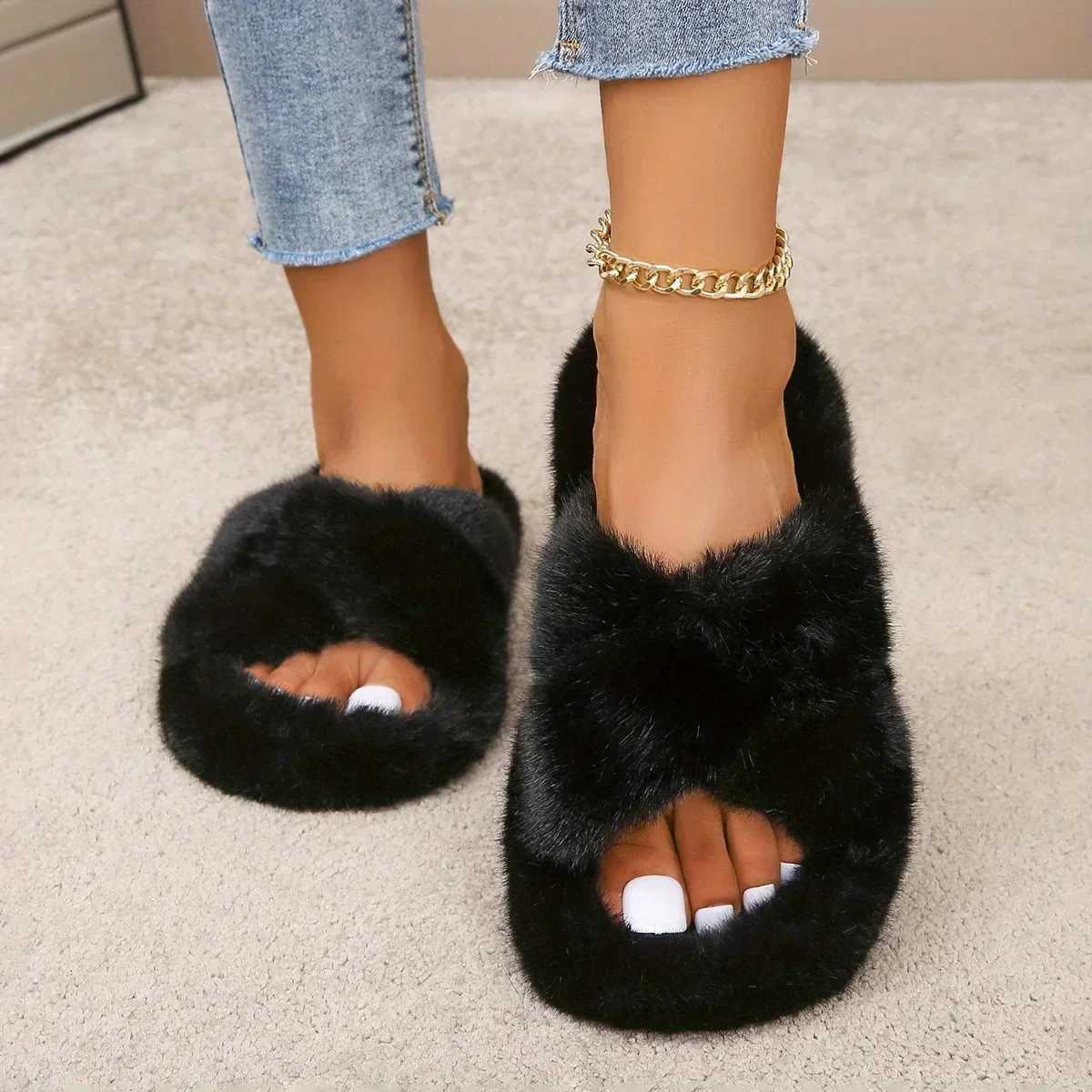 2023 Fluffy Furry Cross Band Fuzzy Slippers Cozy Open Toe Flat Plush House Shoes Comfy Warm Home Slides Winter Women SandalsXJ250207