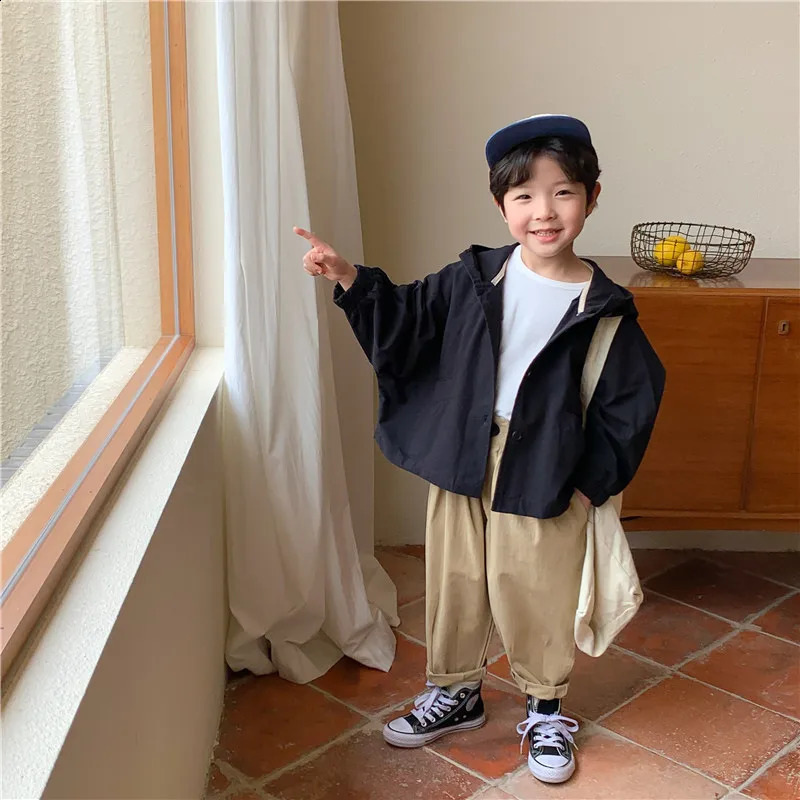 Children Clothing Kids Fashion Hooded Trench Coat Spring and Autumn Korean Style Boy Loose Casual Long Sleeved Coat 250206